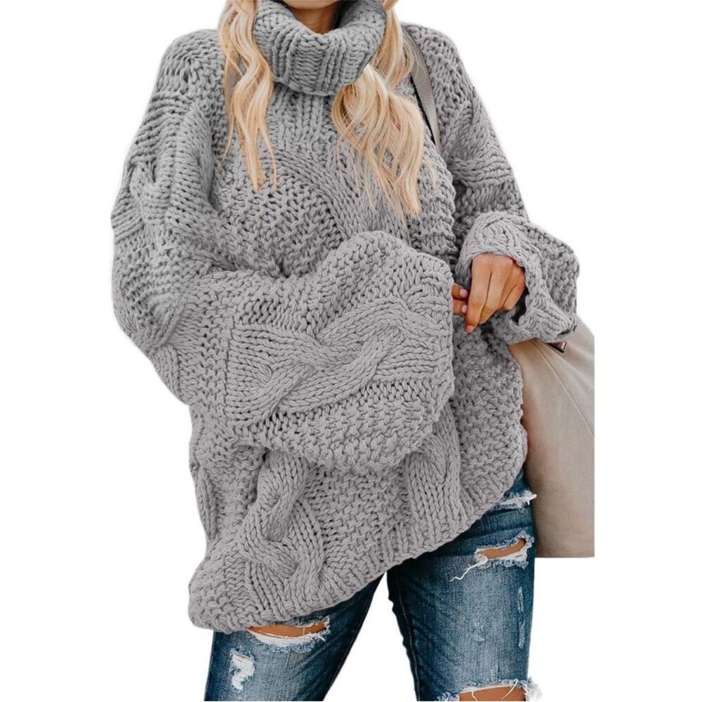 COZY CHUNKY WOMAN’S WINTER Gray Turtleneck Sweater NEW